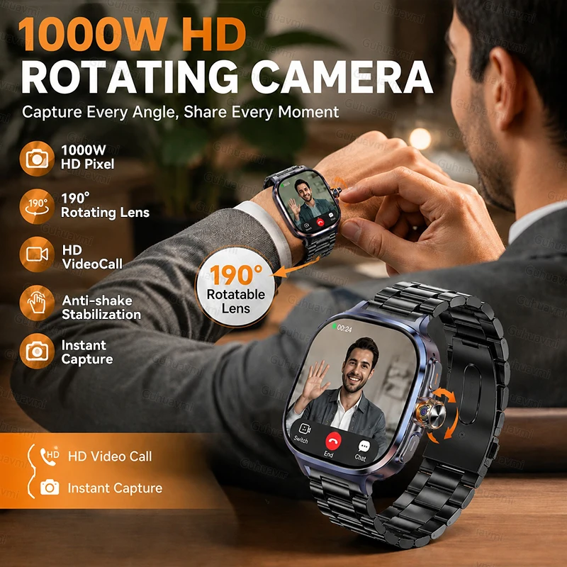 Фото Умные часы с поддержкой всех сетей 5G/4G, 8 ГБ+128 ГБ памяти, HD-камера 1000 МП, GPS, Wi-Fi, Bluetooth, звонки, загрузка более 100 приложений, мужские умные часы 2026. №3