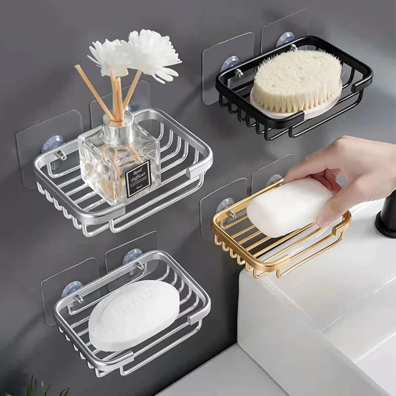 Soap Rack No Drilling Wall Mounted Space Aluminum Soap Holder Soap Sponge Dish Bathroom Accessories Soap Dishes Self Adhesive