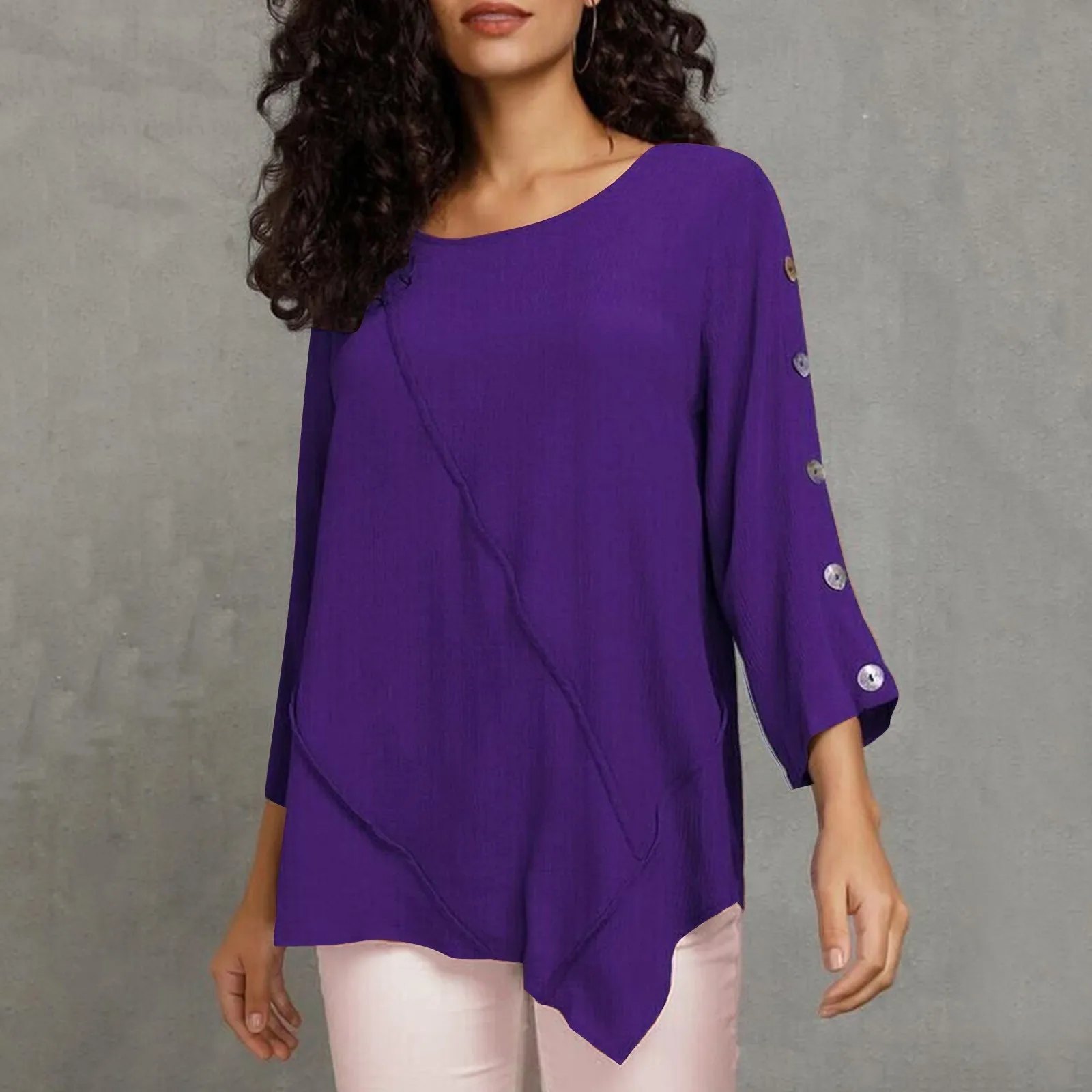 

Womens Button Down Shirts Classic Long Sleeve Crew Neck Top Casual Chiffon Shirts Mom Lounge Shirt