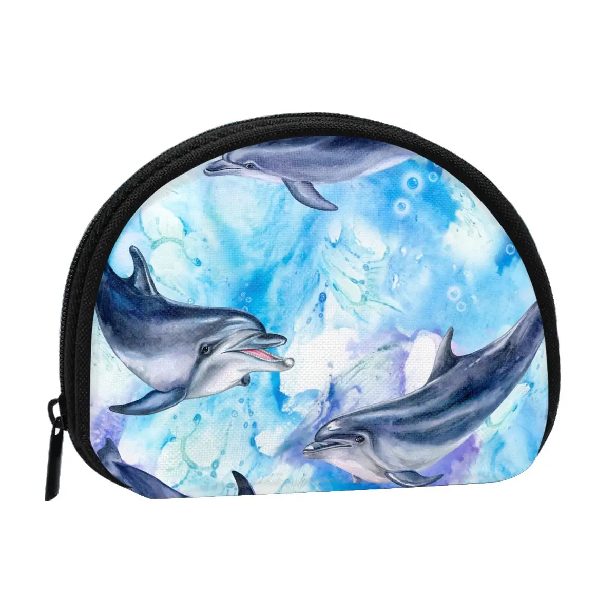 Watercolor Sea Blue Dolphins Classic Style Wallet Genuine Wallets Short Purse Card Holder Wallet Woman