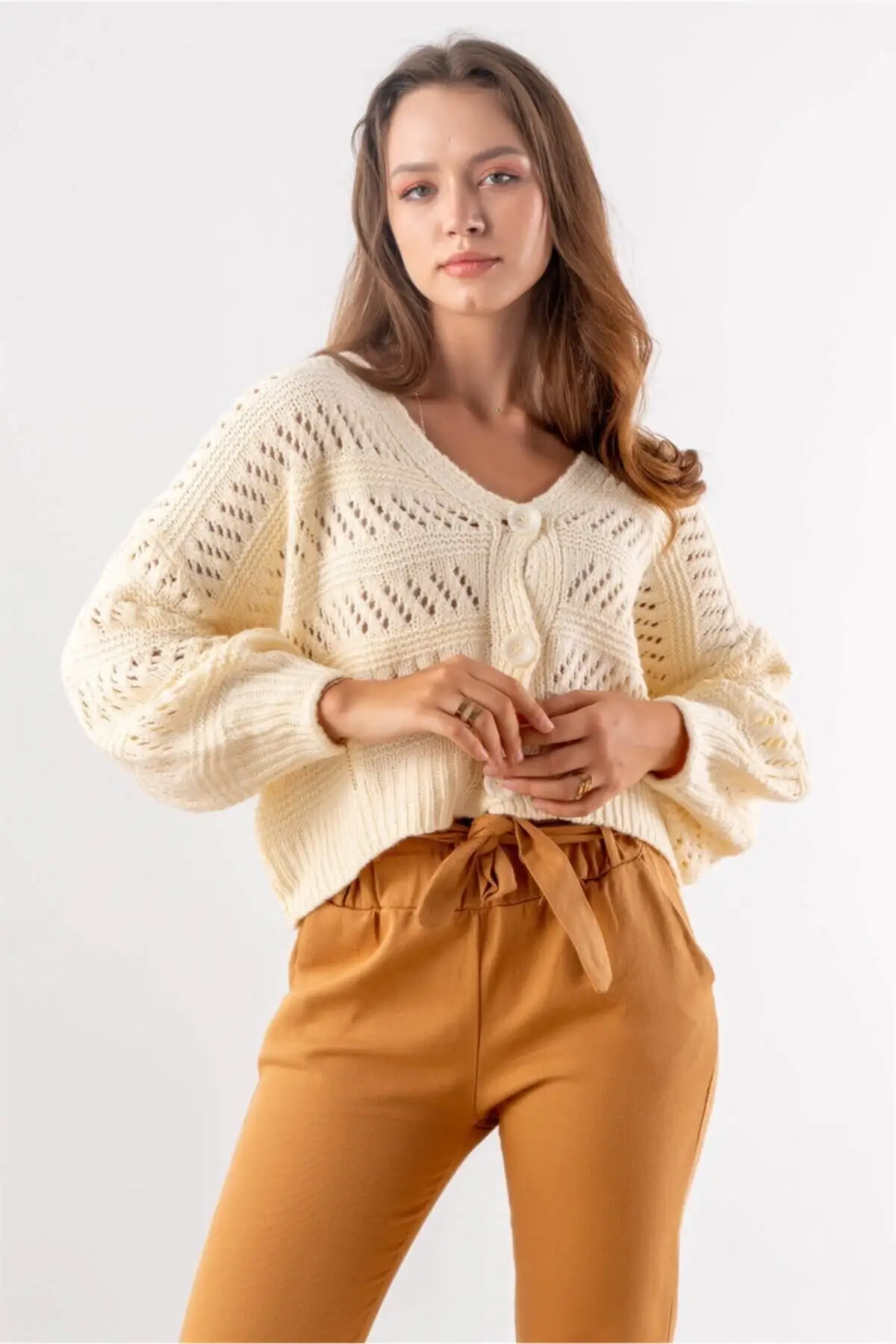 

Women's Cardigan Button Detailed Openwork Knitted - Cream Casual Knitted Quality Fashion Sweaters Loose Jumper
