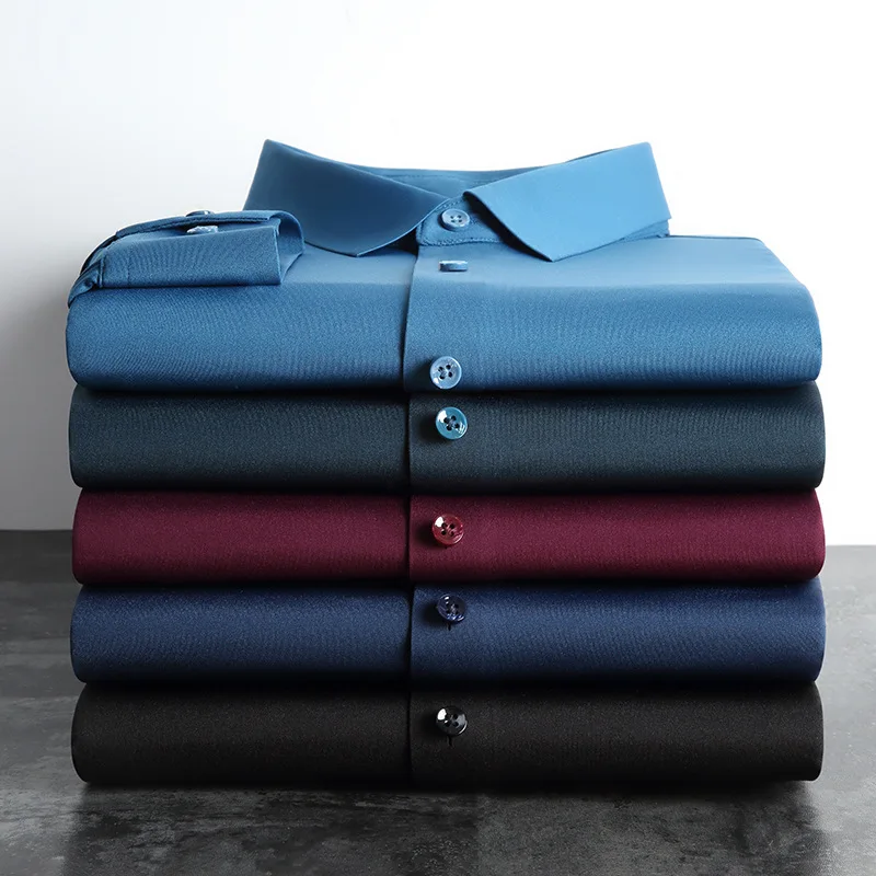 

2022 new seamless glued brocade shirt men's long-sleeved fashion elastic solid color simple breathable non-iron men's shirt