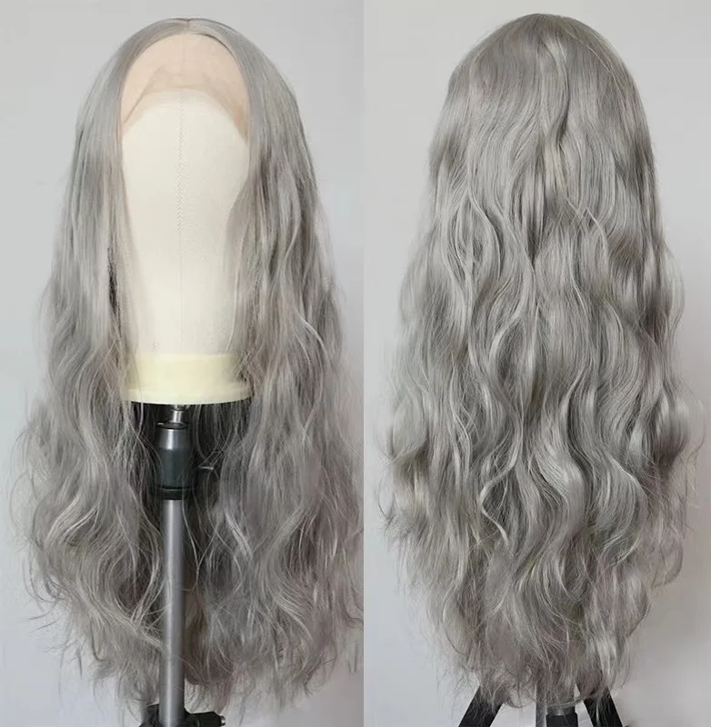 

Long Synthetic Lace Front Wig Smooth Sliver Grey Long Wave Synthetic Wigs for Black Women Heat Resistant Fiber Hair Daily Wigs