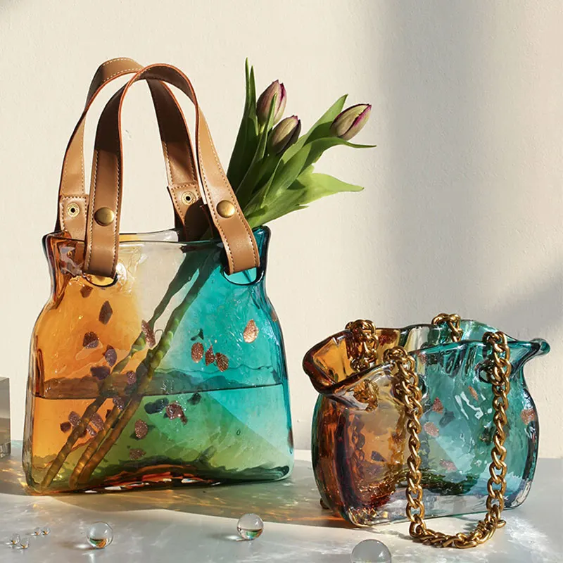 

Креативная прозрачная сумка, стеклянная ваза для цветов, настольное украшение для гостиной, столовой, роскошное настольное украшение для дома