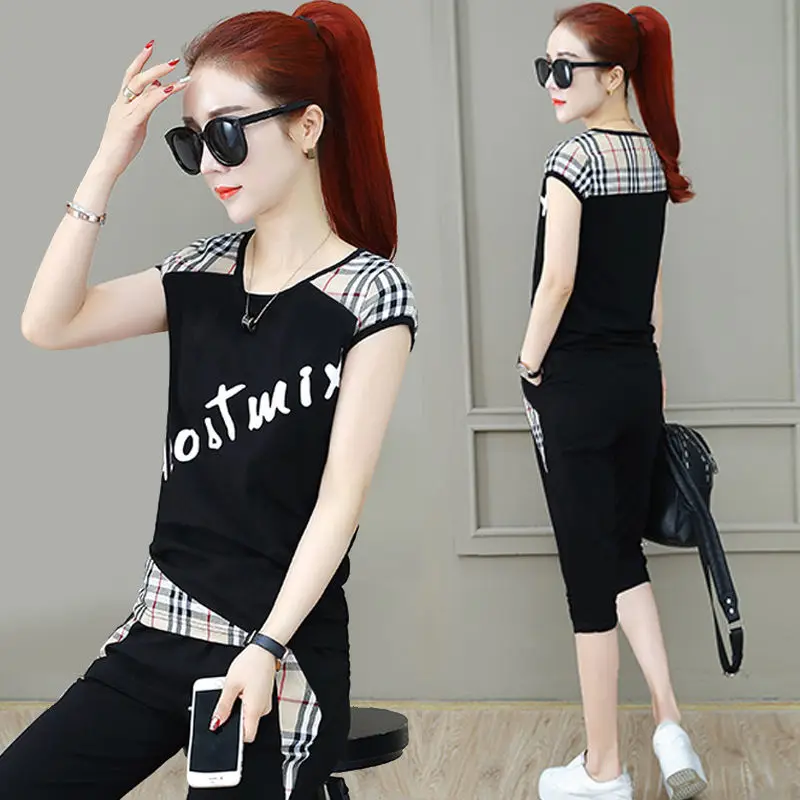

2022 Summer Short Sleeve New Two Piece Set Top Pants Ladies Big Size Korean Casual 2 Piece Sets Women Red Gray White