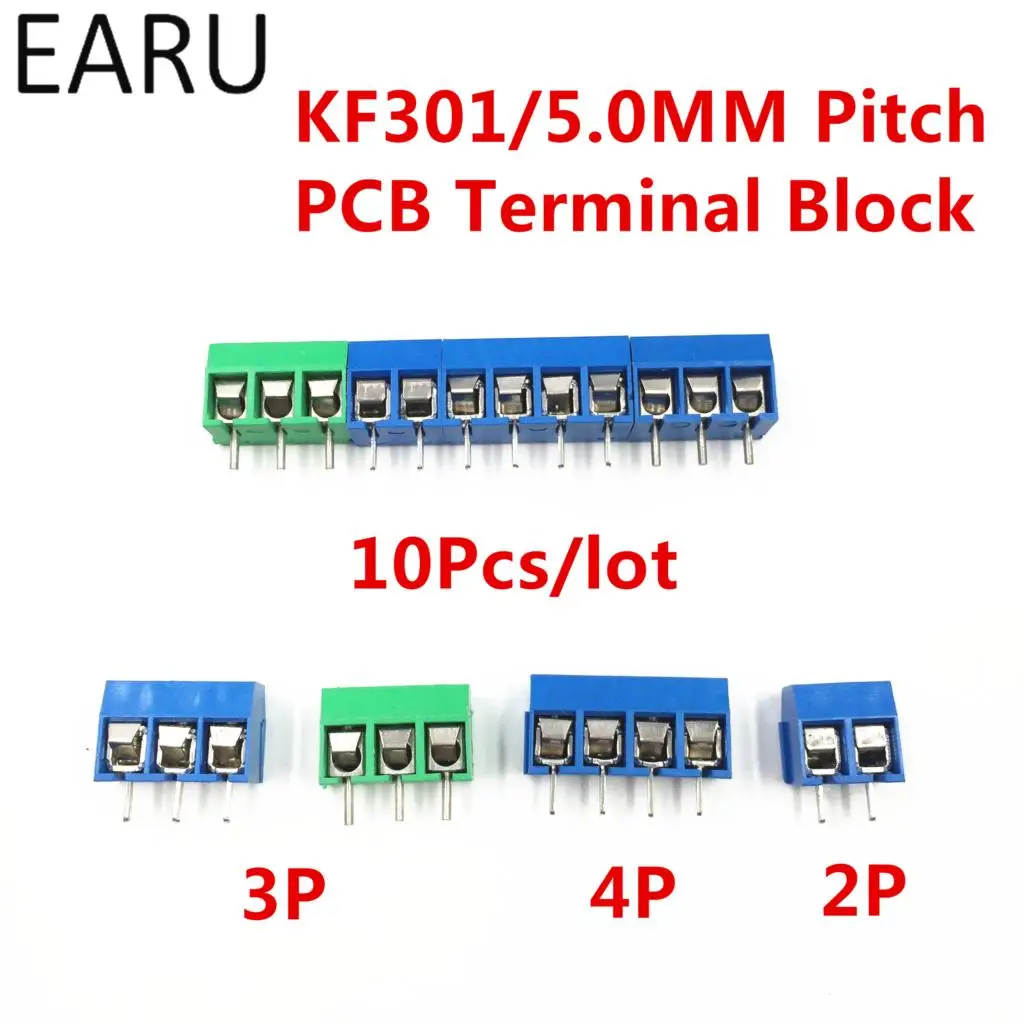 10Pcs/lot KF301-5.0-2P KF301-3P KF301-4P Pitch 5.0mm Straight Pin 2P 3P 4P Screw PCB Terminal Block Connector Blue Green - купить по