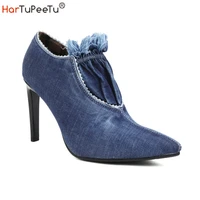 fashion denim pumps women autumn winter thin high heels 9 5cm stiletto slip on retro casual shoes zapatos mujer big size 34 45