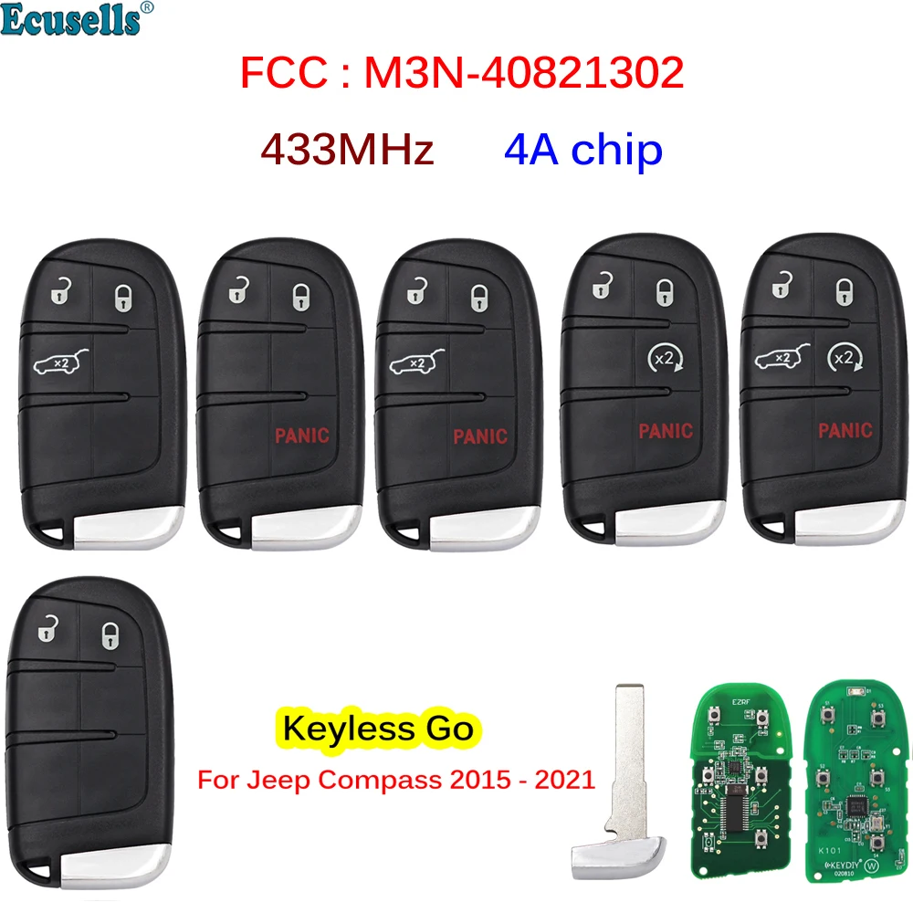 

2/3/4/5 Button Smart Remote Key Fob 433MHz 4A Chip for Jeep Compass 2015 2016 2017 2018 2019 2020 2021 FCC : M3N-40821302