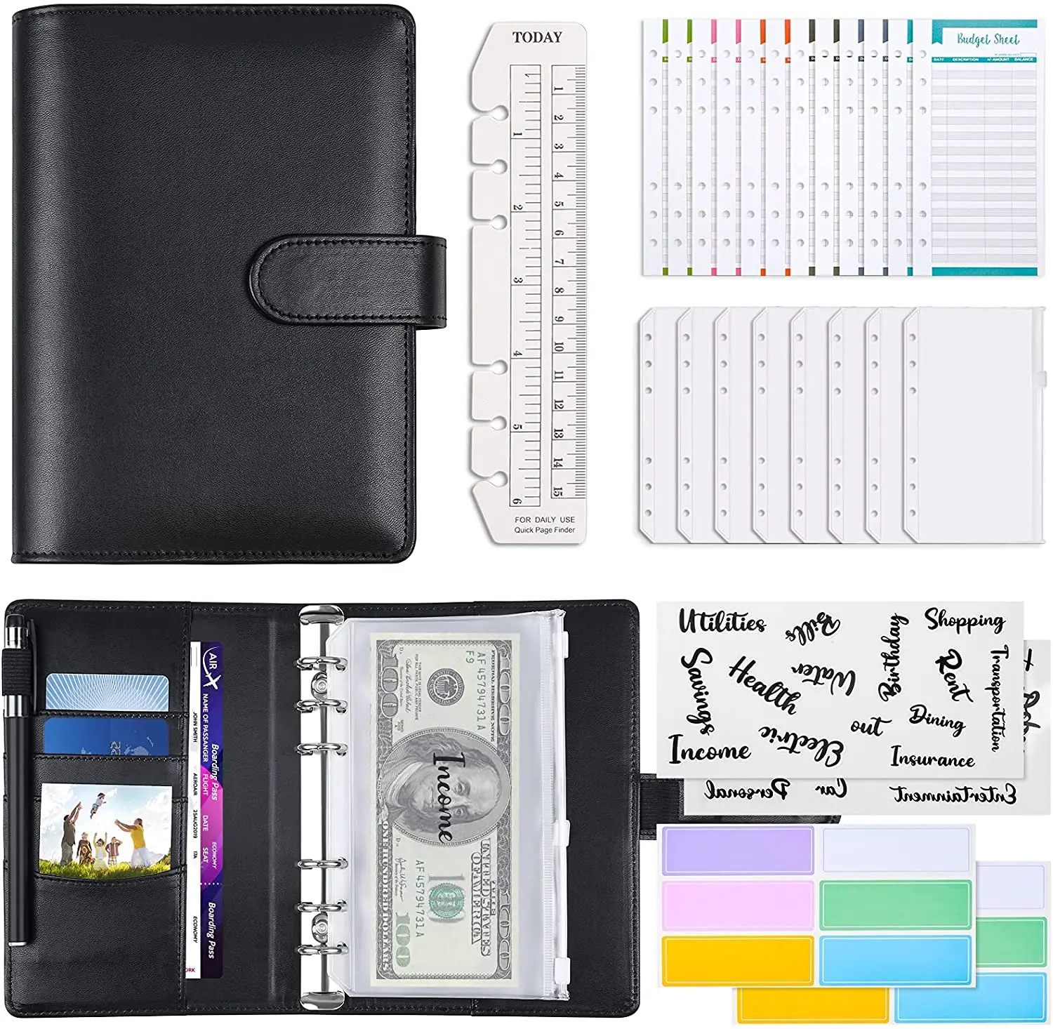 

A6 PU Leather Budget Binder 6 Ring Money Planner Organizer with 8 Cash Envelopes ,12 Budget Sheets,29 Categories Letter Stickers