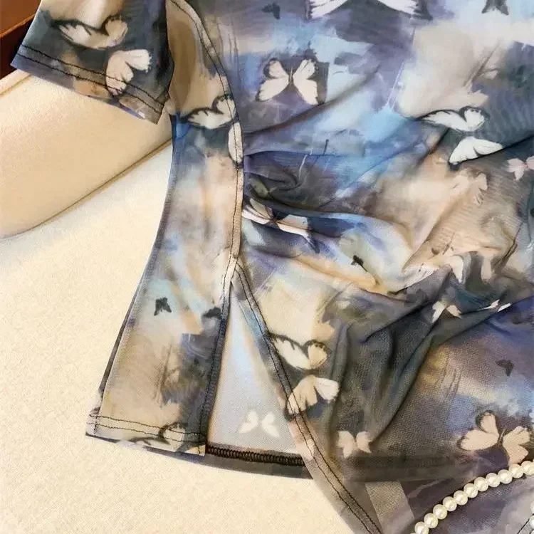 2024 женская летняя новая кружевная рубашка с принтом тай-дай футболка