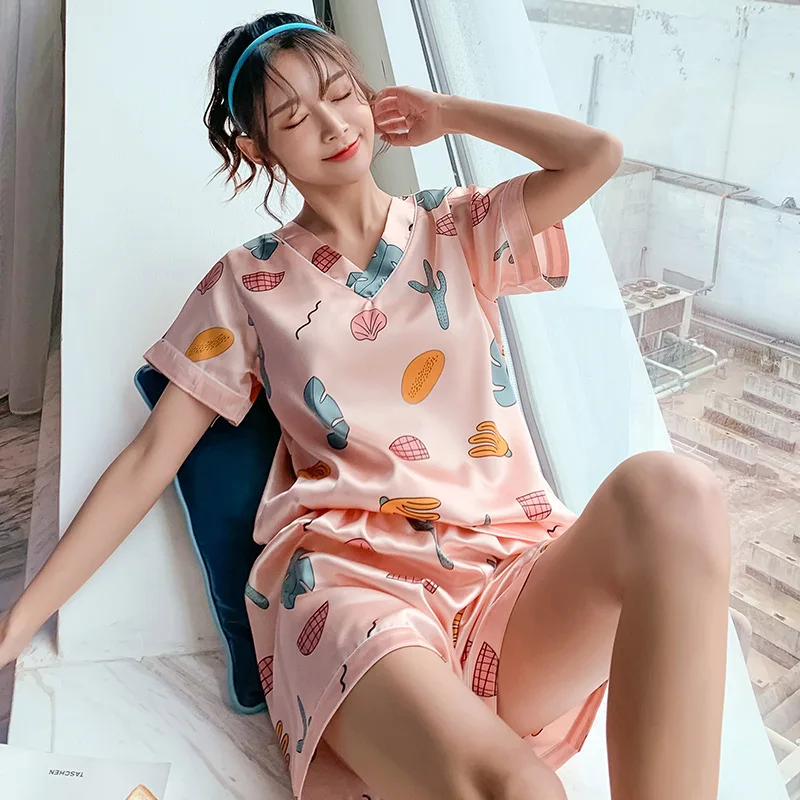 

Summer Popular Ice Silk Short-sleeved V-neck Casual Loungewear Suit Pajamas for Women Sales with Free Shipping Clearance Sale