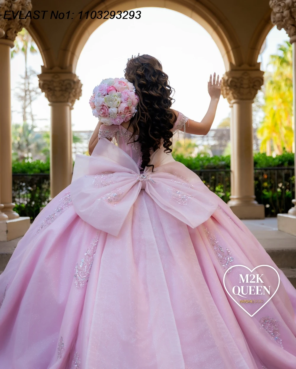 Фото EVLAST индивидуальное мексиканское розовое платье Quinceanera, бальное платье с кружевной цветочной аппликацией и бантом из бисера, Sweet 16, Vestidos De 15 Anos E1QN532 №2
