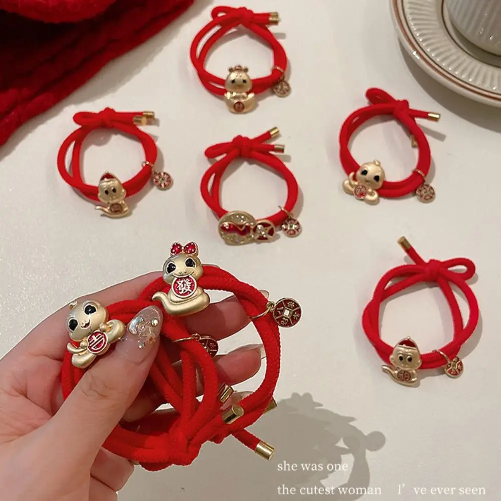 Милая красная новогодняя веревка для волос со стразами 2024 кольцо в виде змеи