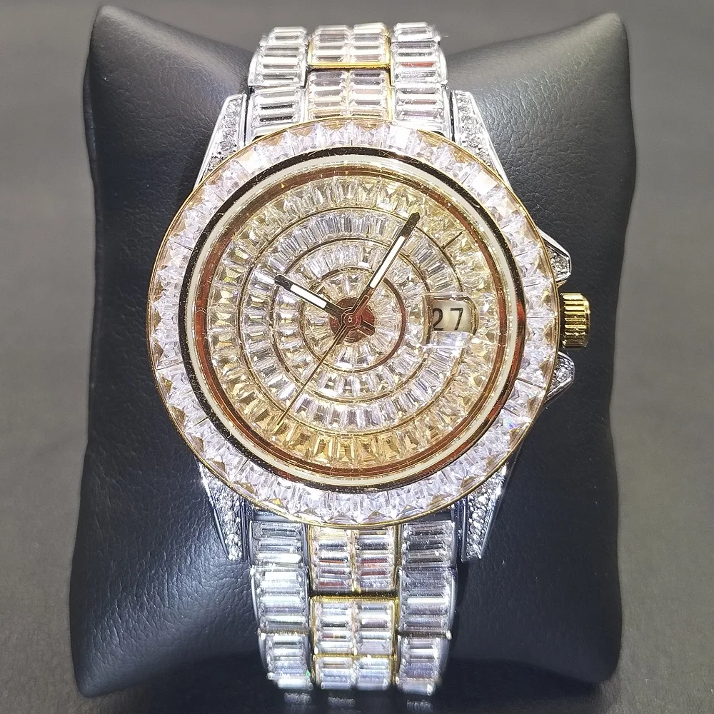 MISSFOX Men's Watches Stainless Steel Waterproof Diamond Male Quartz Wrist Watch New Hip Hop Round Calendar Men's Clocks Gifts