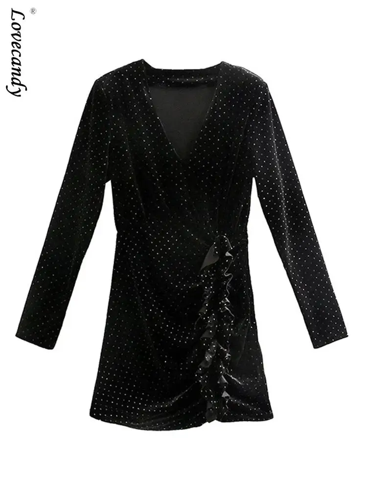 

Sexy Diamonds Velvet Spotted Mini Shirt Women's Spring Long Sleeve V Neck Pleat Dresses 2023 Female Chic Party Club Dresses