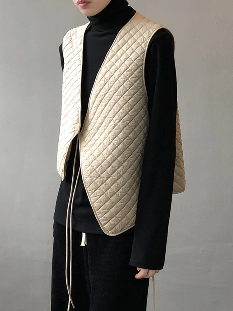 QOERLIN Designer Irregular Women's Winter Warm Jackets Sleeveless Vest Coats Autumn Beige Outerwear Lace-Up Waistcoat 2023 New