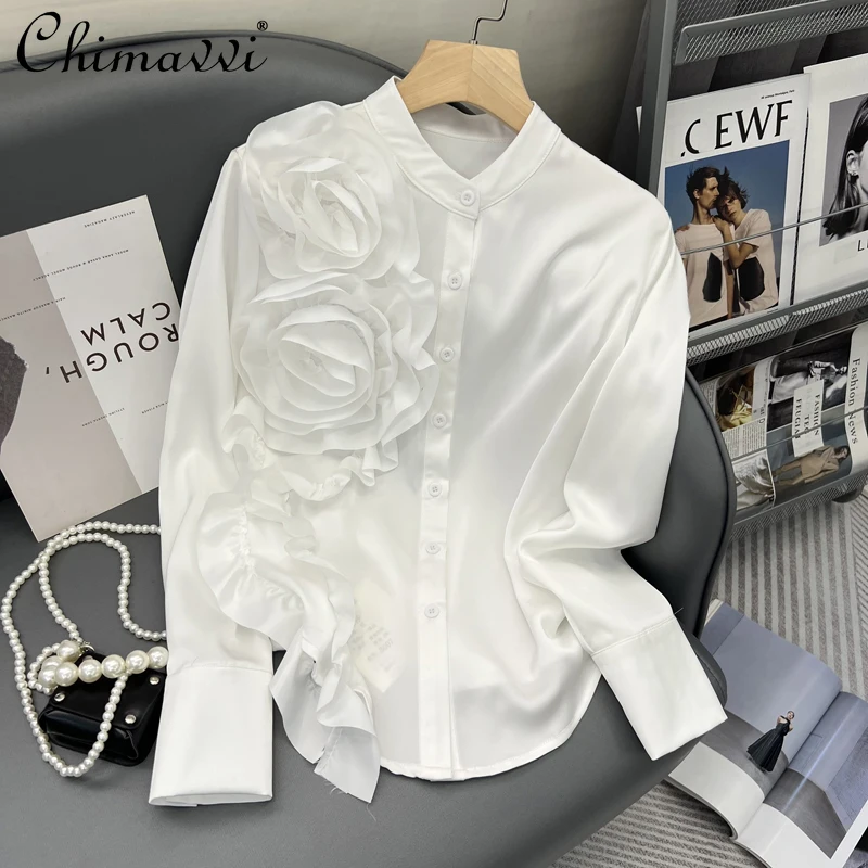 

Women's 2022 Spring New Fashion Loose 3D Flower Blouses Ladies Streetwear Patchwork Ruffled Stand Collar Shirt Simple Solid Top