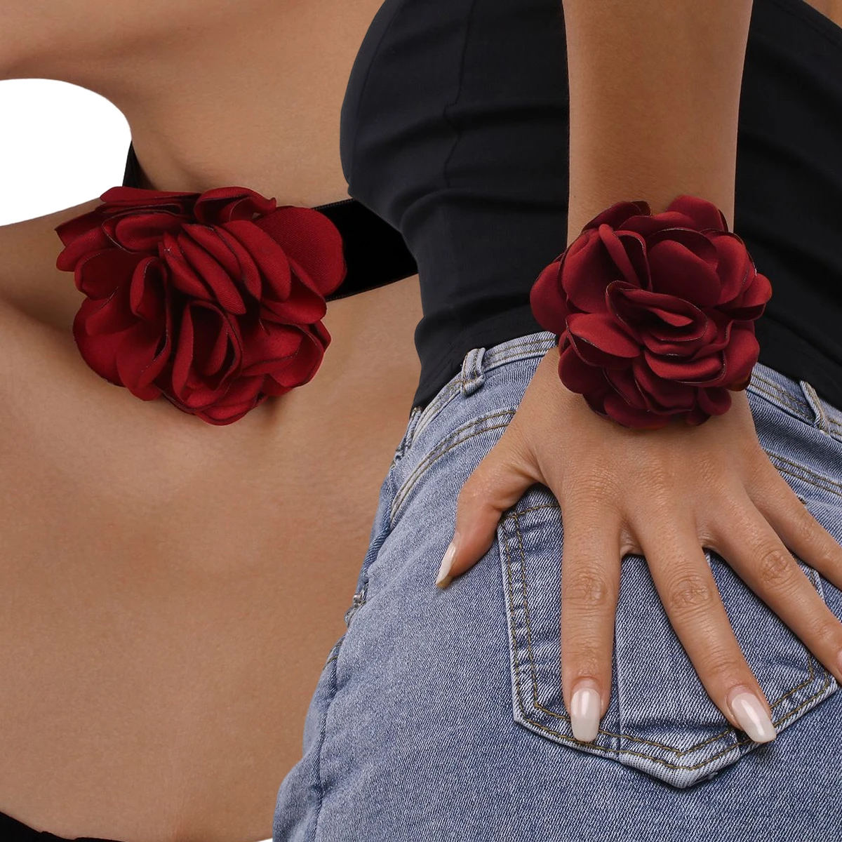 

Romantic Temperament Big Rose Flower Choker Wide Soft Black Velvet Party Necklaces for Women Fashion Bracelet Statement Jewelry