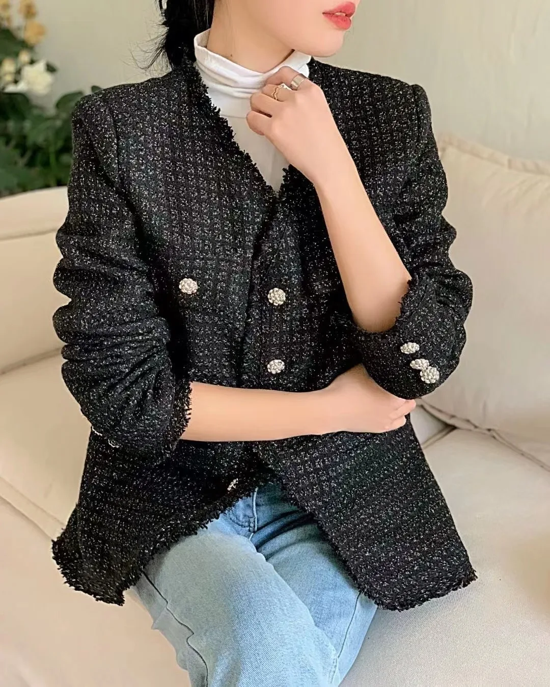 

Женский твидовый Блейзер на пуговицах, элегантный роскошный шерстяной пиджак на пуговицах с жемчужинами, пальто с длинными рукавами и карманами, модная уличная одежда, топы