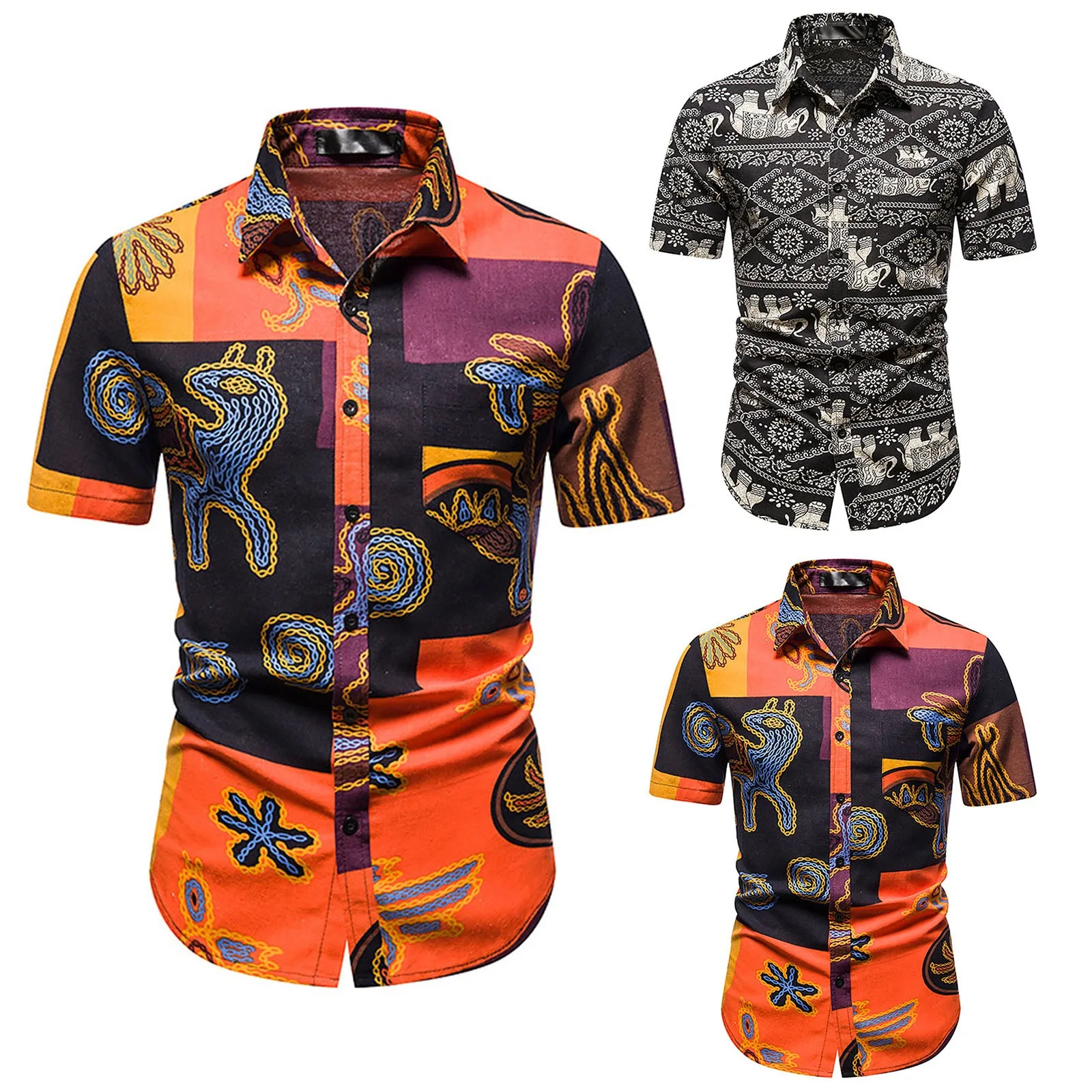 

Mens 3D Digital Printing Pocket Buckle Lapel Long Sleeve Shirt Corduroy Shirt