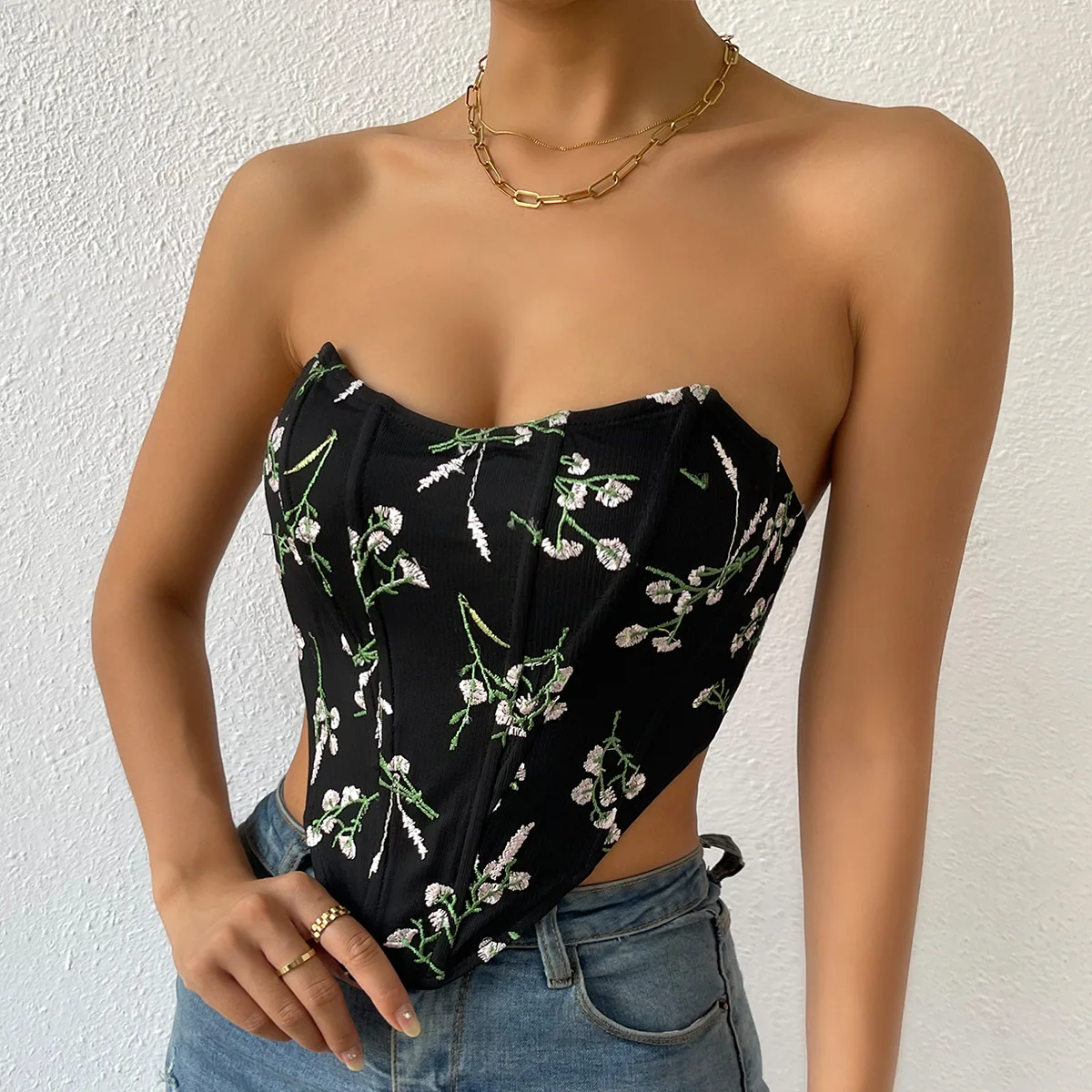 

Embroidery Lace Up Sleeveless Off Shoulder Velvet Fashion Sexy Corset Crop Tops Vest Female Underwear Backless Bustier Top