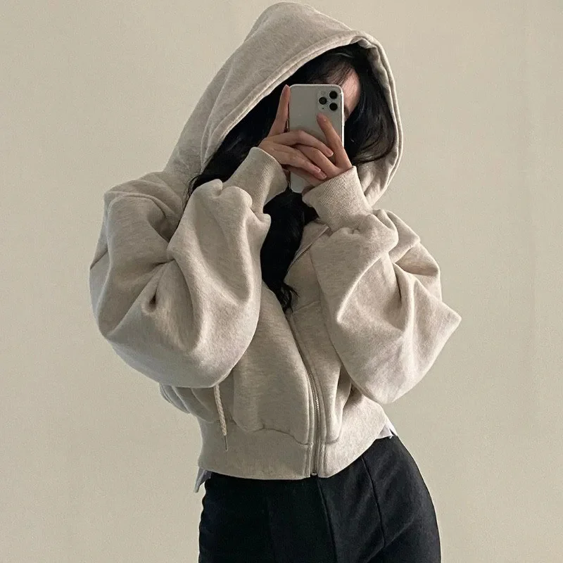

100% Cotton Cardigan Jacket Women Autumn Winter Warm Loose Korean Hoodie Short Coats Zipper Solid Preppy All Match Tops