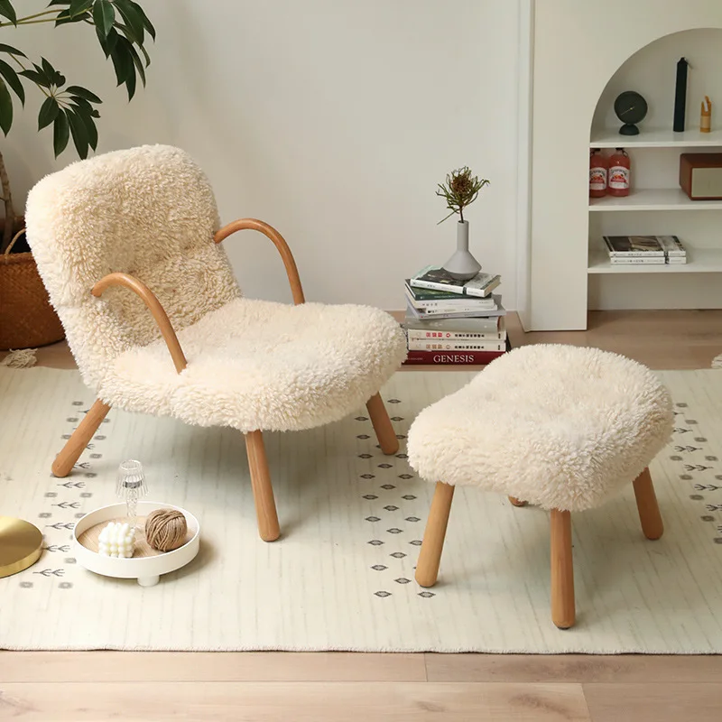 

Single sofa chair light luxury bedroom solid wood Nordic leisure chair tiger chair lamb wool lazy sofa chairs living room