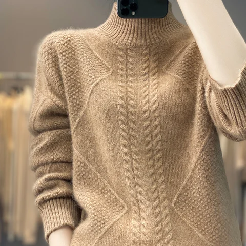 Женский свитер из 100% мериносовой шерсти, пуловер с полувысоким воротником, свободная вязаная Базовая рубашка, мягкий кашемировый топ с длинными рукавами на осень и зиму
