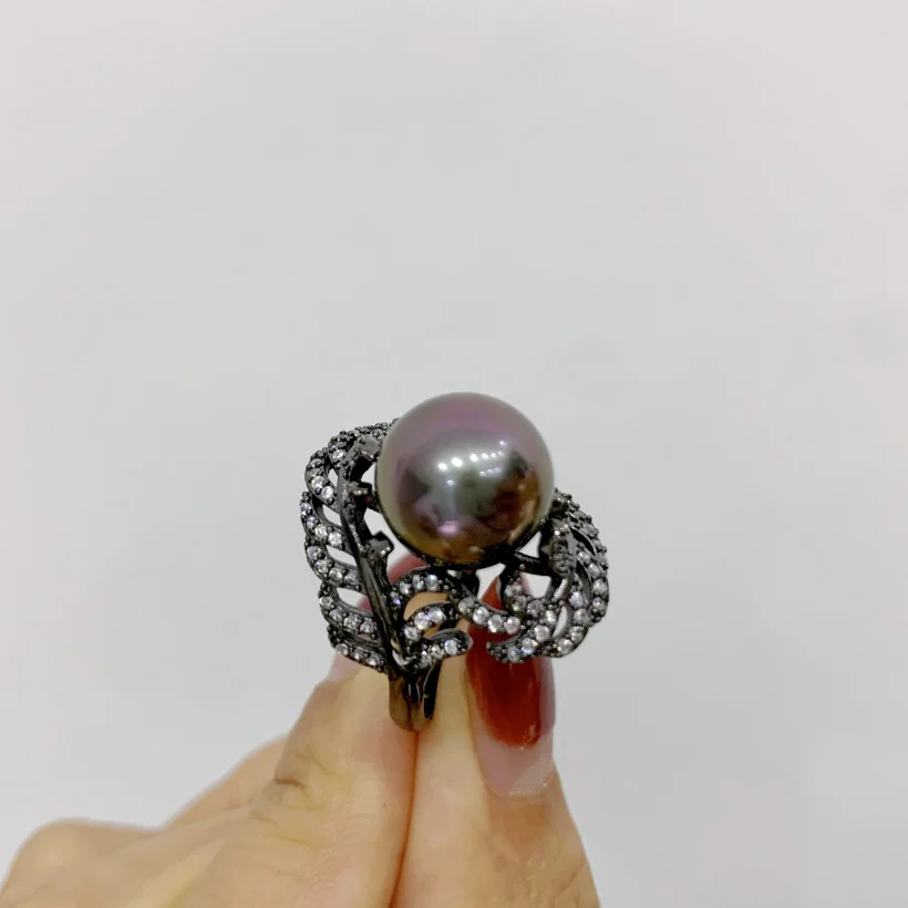 

MeiBaPJ 10-11mm Natural Black Round Pearl Fashion Ring 925 Sterling Silver Fine Wedding Jewelry for Women