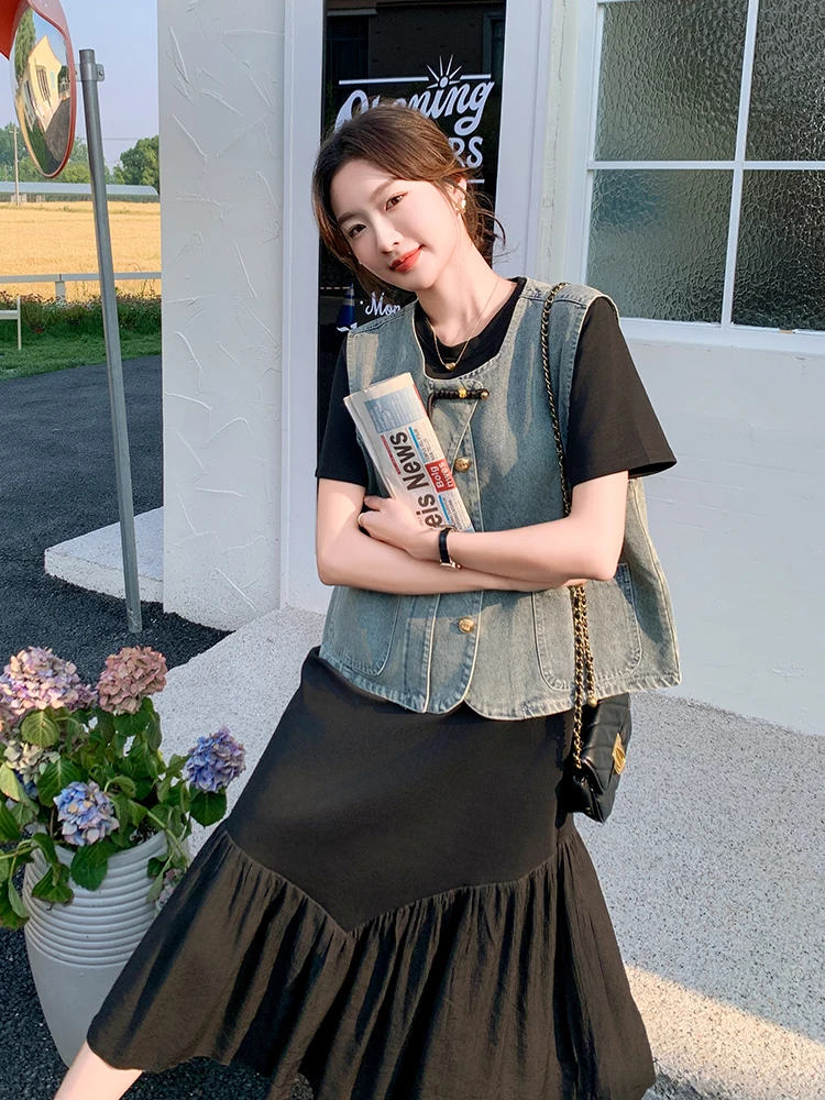 Новое джинсовое пальто в китайском стиле черное платье для женщин новинка 2024