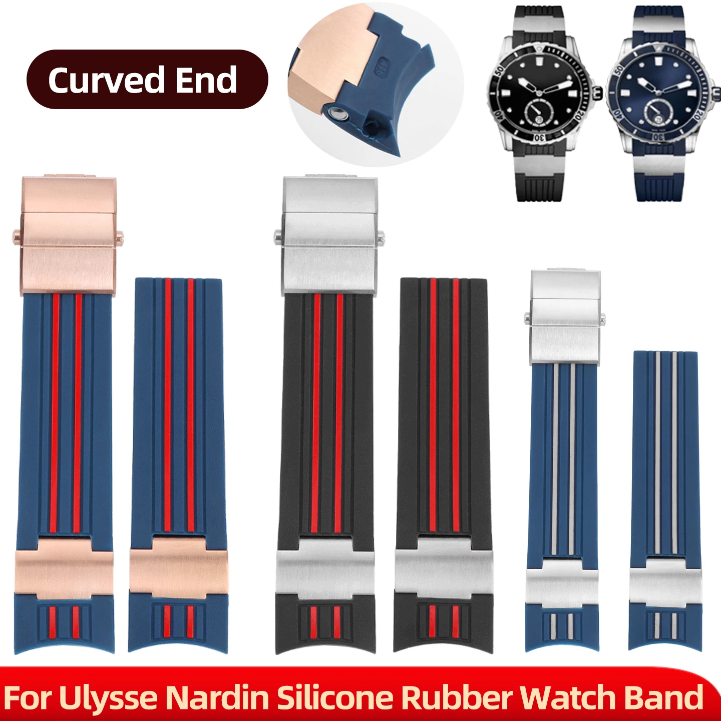 Фото Ремешок для часов из натурального каучука 22 мм для Ulysse Nardin Diver, черные, красные полоски, силиконовый ремешок для часов, серебро, розовое золото, складная пряжка №1