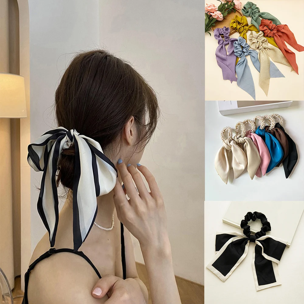 

Women Hair Ties Ribbon Hair Loop Ponytail Holders Rubber Band Headwear Lady Pearls Hair Bands Elastic Headband Long Silk Scarf
