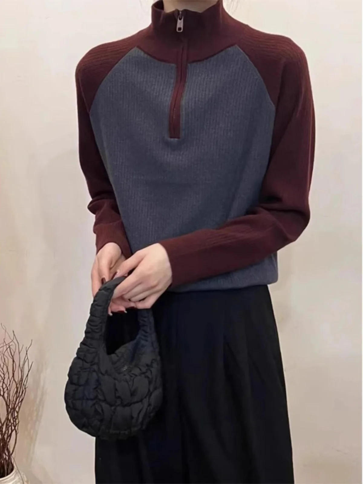 2024 Autumn and Winter Color Matching Turtleneck Half Zipper Knit Sweater Women's Commuter Versatile Slimming Bottoming Shirt...