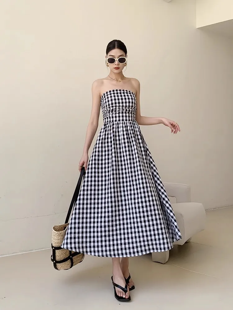 Черно-белое клетчатое платье без бретелек для женщин Летнее приталенное