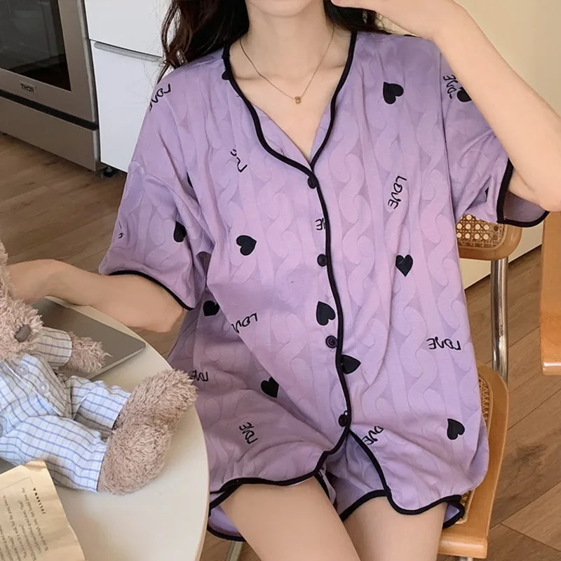 Summer Pajamas Set for Women 2-Pieces Loungewear Korean Sytle Sleepwear Girl Sweet Cute Pyjama Nightwear Kawaii Pijama Home Suit