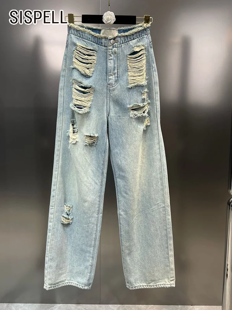 

SISPELL Casual Denim Hole Trousers For Woemn High Waist Patchwork Button Loose Solid Wide Leg Jeans Female Summer 2023 Fashion