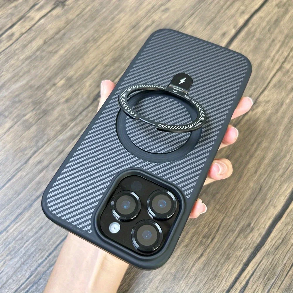 Luxury Magnetic Carbon Fiber Circular Bracket Phone Case For iPhone 16 15 14 13 12 11 Pro Max Plus Foldind Stand Holder Cover