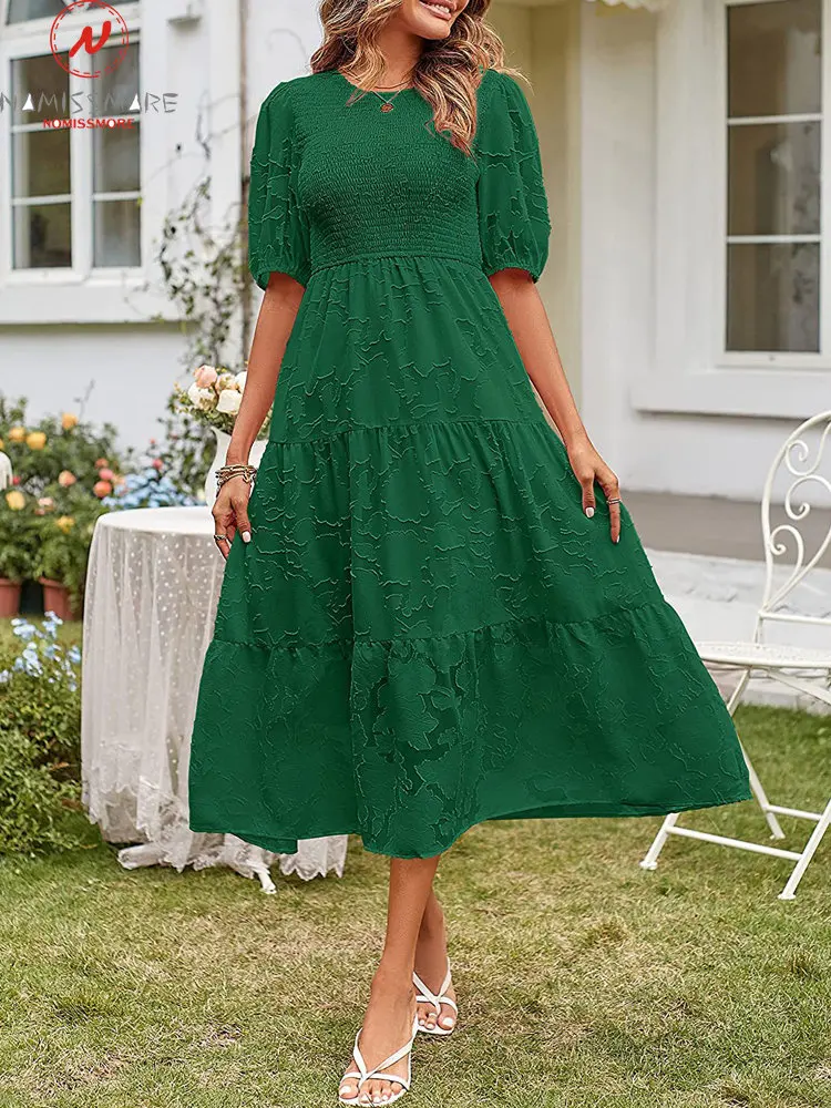 

Женское многослойное платье-трапеция с цветочным принтом, однотонное Плиссированное длинное облегающее платье с круглым вырезом, пышными ...