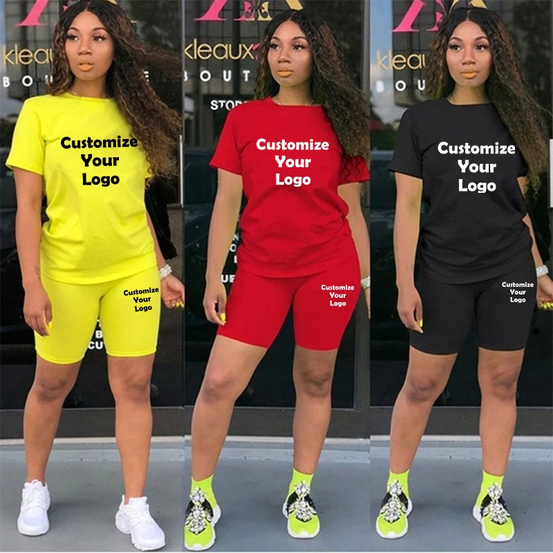 

Customized Women Summer Tracksuit Two Piece Short-sleeved Set Biker Shorts Above Knee Pants Suit Letter Print Track Suit