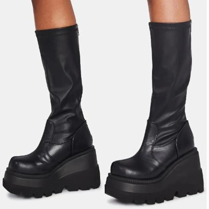 

Осенние женские ботинки на очень высоком каблуке, черные женские ботинки из искусственной кожи на платформе с застежкой-молнией и шитьем, ботинки до середины икры, зимняя обувь
