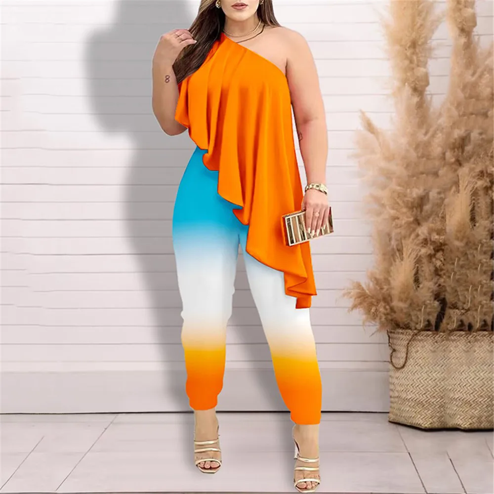 Summer Fashion Sexy Off Shoulder Slim Jumpsuit Women Elegant Printed Sleeveless Ruffle Jumpsuit Women