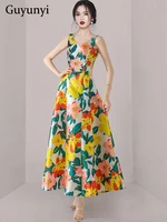 elegant fashion party dress 2022 summer multicolor floral print v neck tank neck sleeveless high end temperament swinging dress