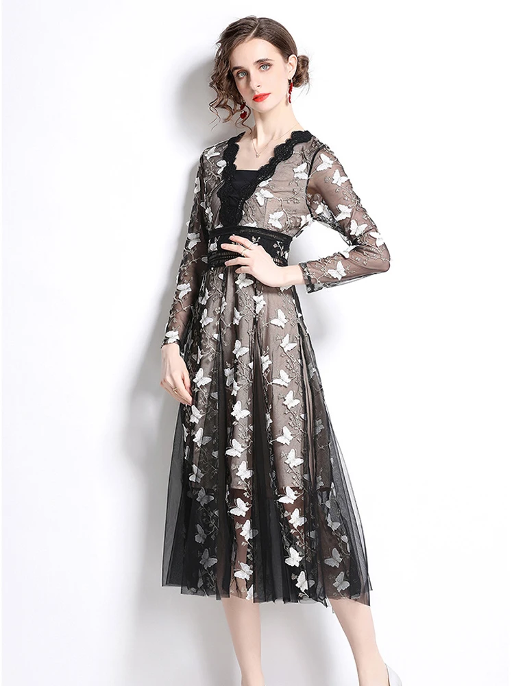 

Женское Сетчатое пляжное платье с вышивкой в виде бабочек на весну и осень, модные элегантные праздничные платья с V-образным вырезом и длин...