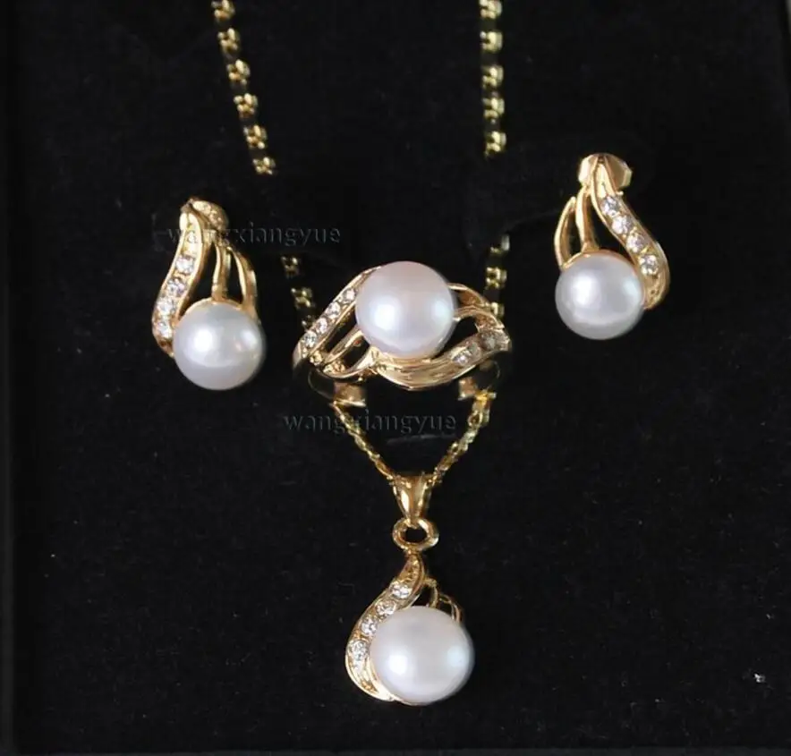 

Genuine White Akoya Cultured Pearl ring earrings Necklace Pendant Set AAA Jewelry
