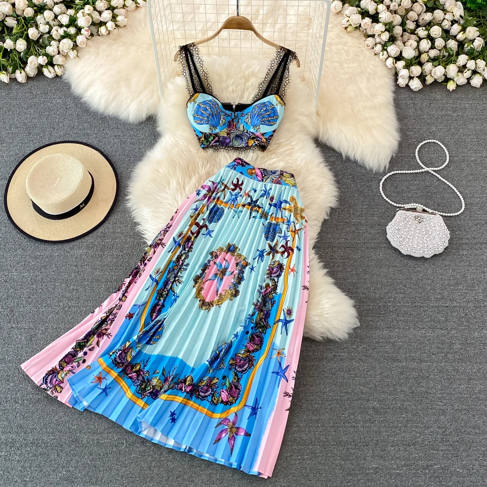 

Amolapha Summer 2-piece Women Sets Fashion Bohemian Style Lace Patchwork Sling Tops+High Waist Pleated Skirt Clothing Suits