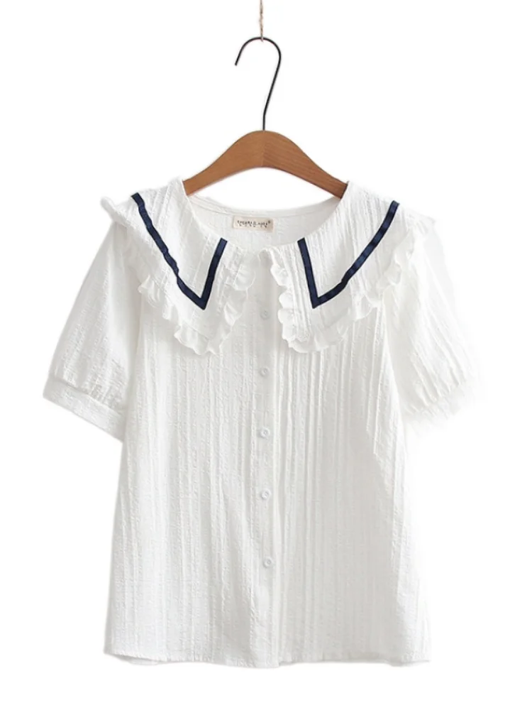 

Women Cotton Shirts Lace Patchwork Solid Single Breasted Casual Shirt 2022 Spring Vintage Short Sleeve Ladies Daily Tops