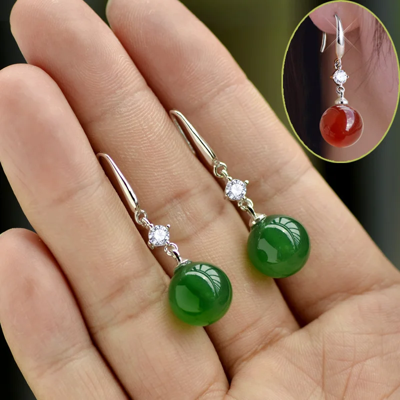 

UMQ 925 Sliver Emerald Jade Jewelry Earrings Natural Green Agate Chalcedony Gemstone Drop Garnet Diamond for Women