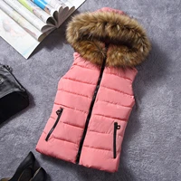 winter women sleeveless quilted coats with fur hood zipper waistcoats outwear warm casaco feminino inverno down jackets cotton