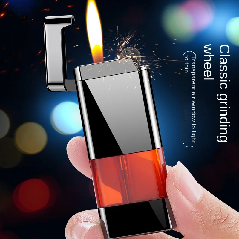 

Transparent compartment inflatable open flame metal lighter