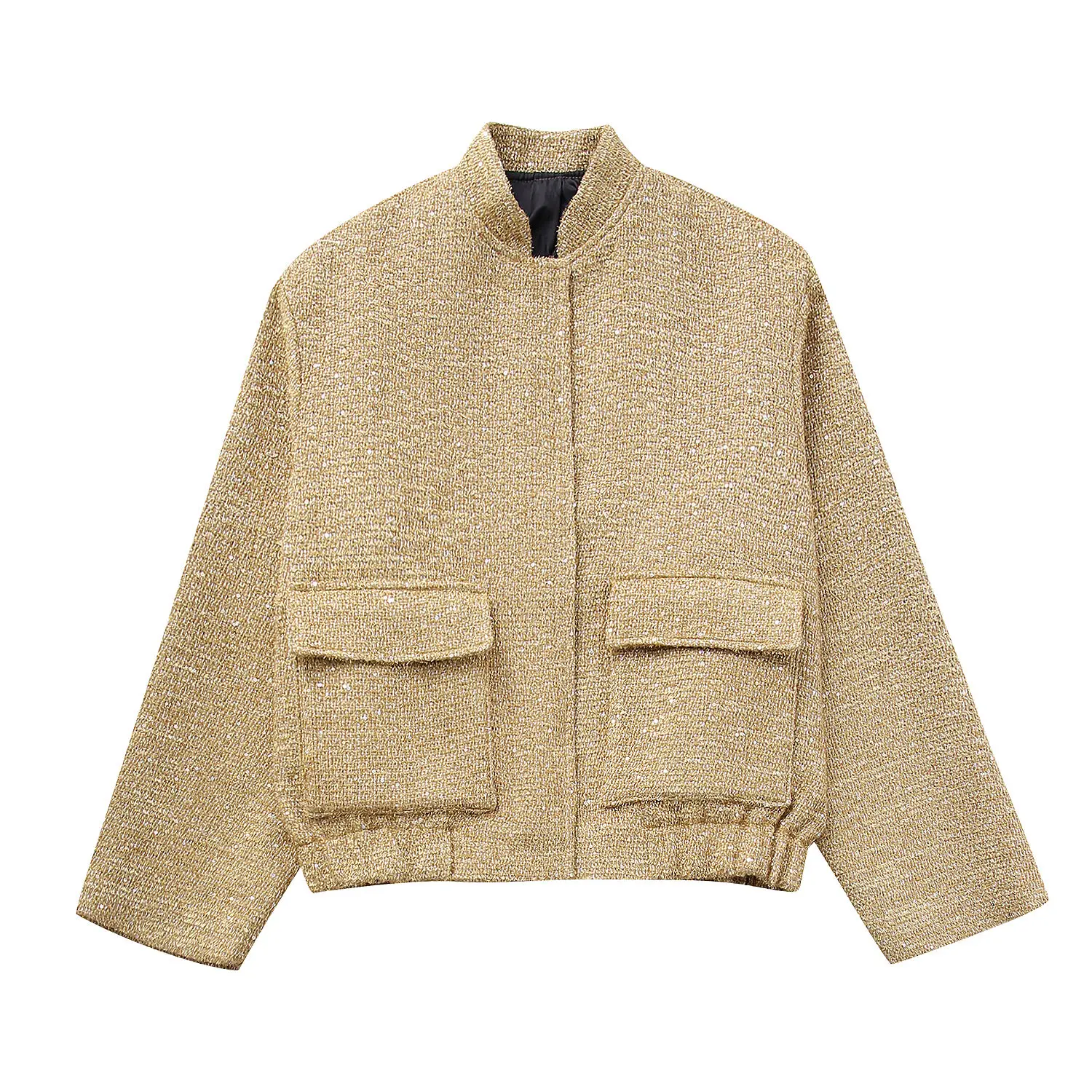 

[EWQ] Women Fashion Shiny Sequin Jacket Y2k Gold Color Stand Collar Long Sleeve Short Coat Autumn Winter